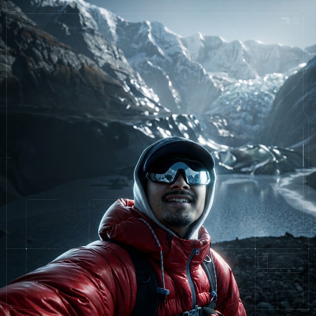 Sandesh Chauhan in a red down jacket and mirrored goggles, smiling in front of a glacial lake and snow-covered mountains
